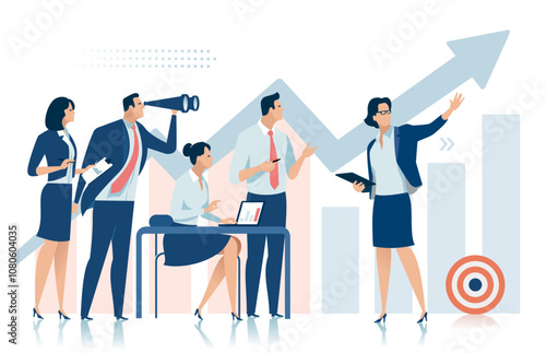 Presentation, vision, strategy, education. The female leader. Discussing business plan. Vector illustration 