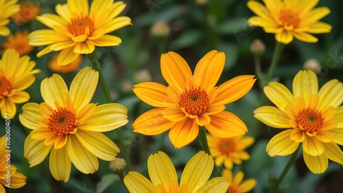 Close-up shot of bright yellow and orange flowers in a garden, with delicate petals and a unique shape, unique shapes, nasturtium flower photo