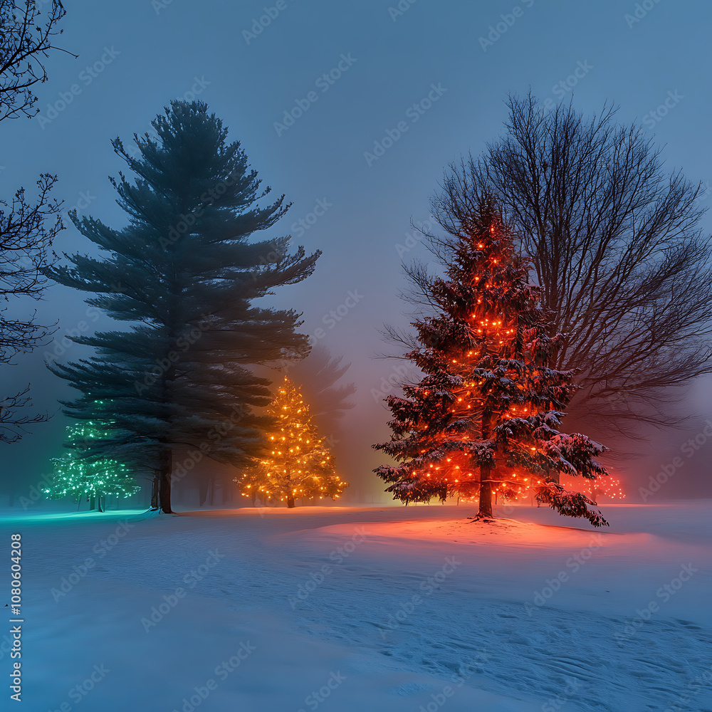 Naklejka premium Enchanted Winter Landscape with Colorful Christmas Trees Illuminated in Snowy Foggy Forest at Dusk