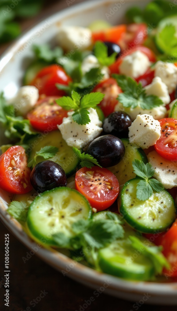 Classic Greek salad with cherry tomatoes, feta cheese, and olives