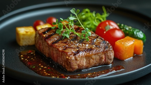 Gourmet steak served with vegetables and sauce on a black plate.