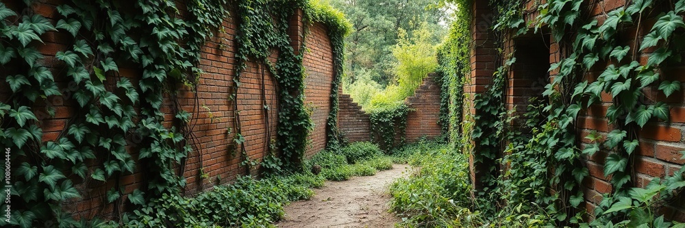 Overgrown garden with vines crawling up crumbling brick walls, atmosphere, earthy