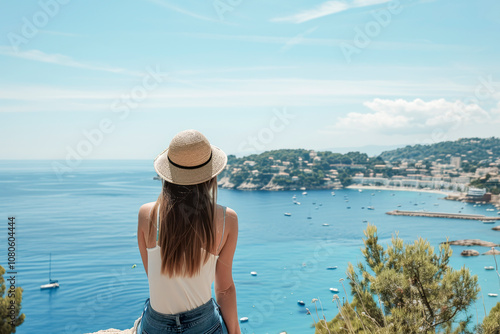 Woman in straw hat admiring scenic coastal view overlooking the ocean and distant town photo