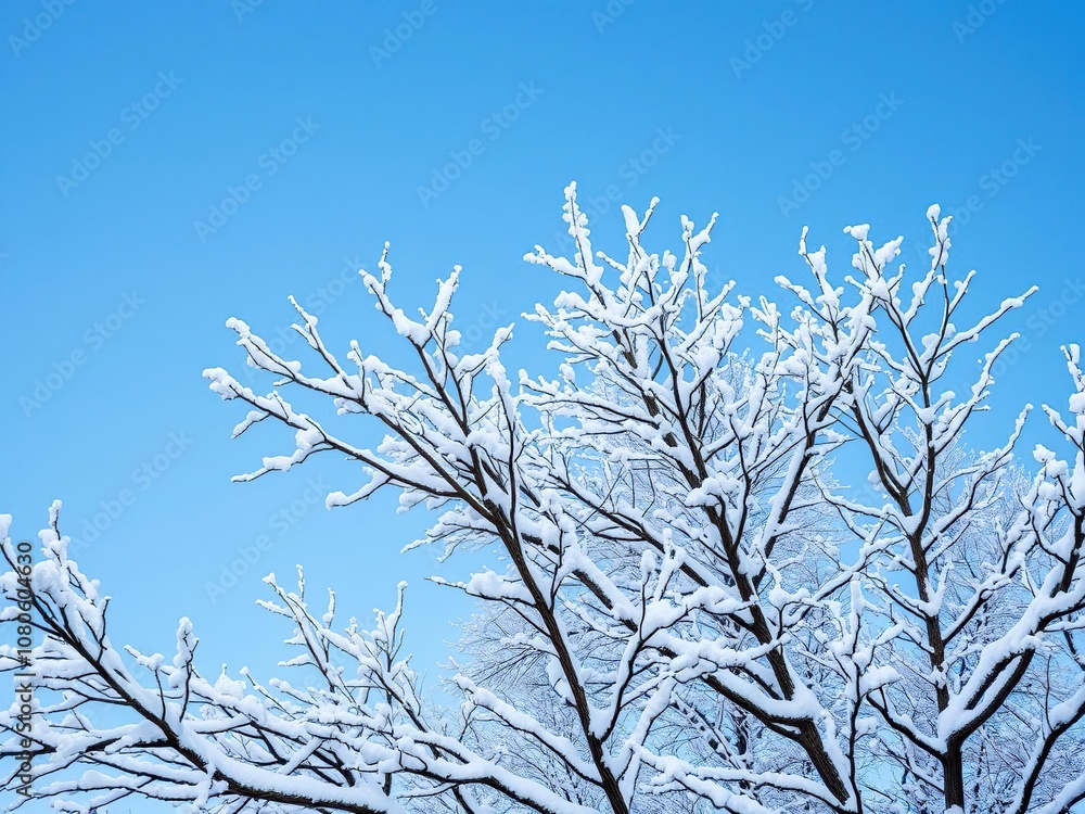 Snow-covered tree branches against a blue sky, serene atmosphere, natural beauty, peaceful scene Snow-covered tree branches against a blue sky, serene atmosphere, natural beauty, peaceful scene