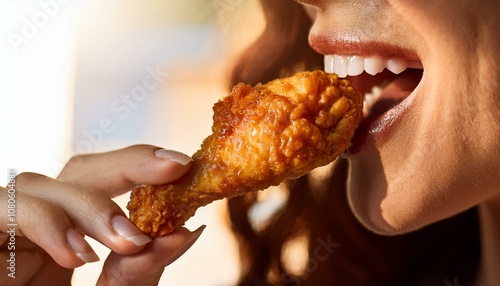 A close up view of a person eating a chicken wing; a crispy and crunchy chicken wing being eaten; up and close view of a chicken wing being eaten and close to the mouth; food photography; foodie photo