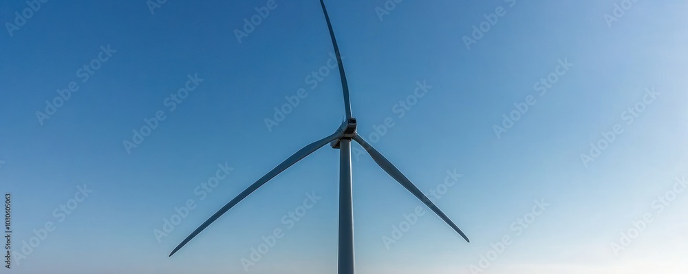 A close-up view of a wind turbine against a clear blue sky, symbolizing renewable energy.