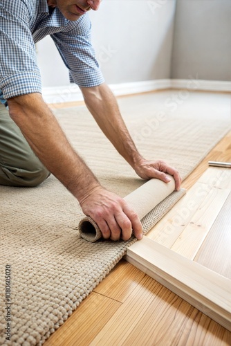 Person's Hand Installing Carpet On Floor