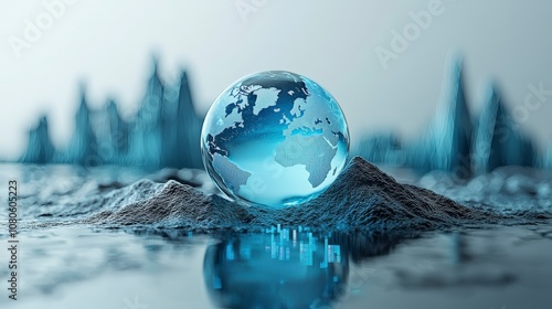 A transparent globe sits on a futuristic landscape adorned with digital data, symbolizing clarity in technology, modernity, and a vision towards the future. photo