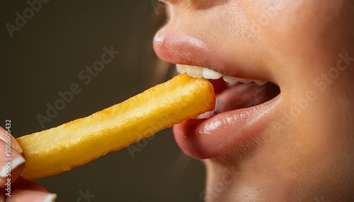 A close up of a person eating a stick of french fry in the mouth; up and close view of someone eating french fries; fast food and unhealthy diet; food photography; selective focus; freedom fries; fast