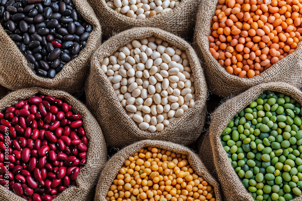 Fototapeta premium Colorful assortment of dried legumes in burlap sacks, showcasing a variety of beans and lentils perfect for healthy recipes.