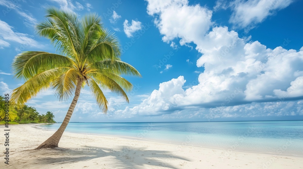 Fototapeta premium Freedom tropical beach background. Beautiful palm tree over white sand beach. Summer nature view