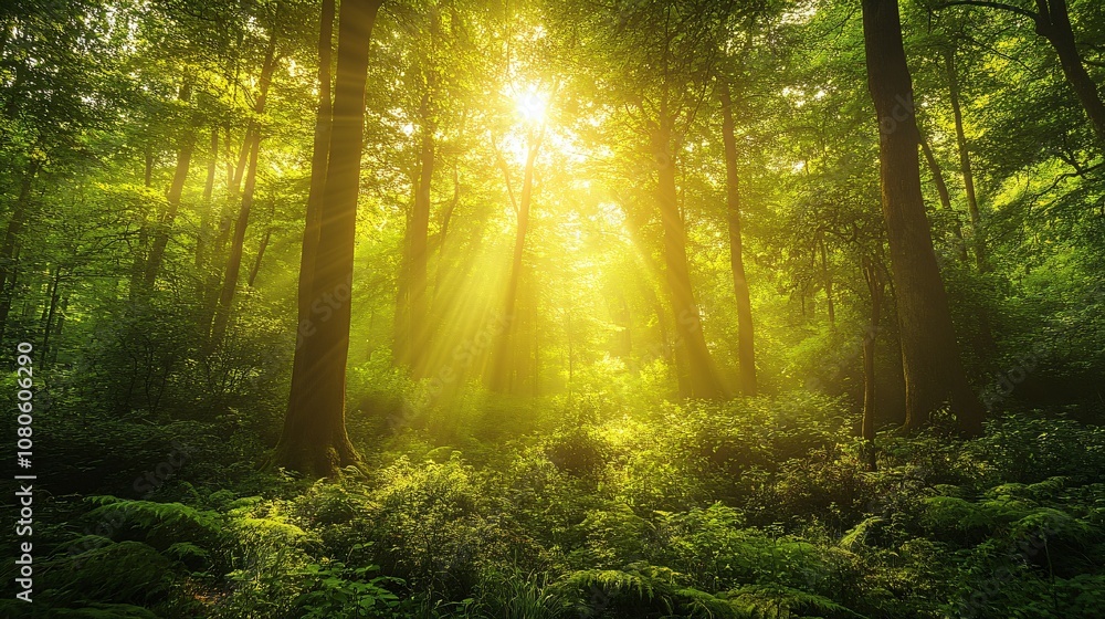 Fototapeta premium A serene scene capturing sunlight streaming through a dense forest canopy, creating a tranquil and peaceful ambiance that envelops the entire landscape in warmth.