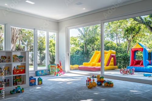 Spacious modern playroom for kids in tropical morgana with colorful toys and natural light photo