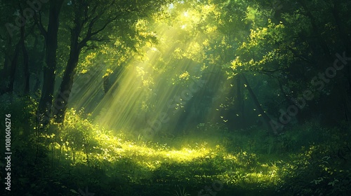 A serene scene capturing sunlight streaming through a dense forest canopy, creating a tranquil and peaceful ambiance that envelops the entire landscape in warmth.