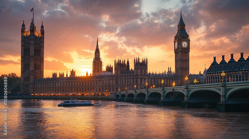 Sunset view of the Houses of Parliament and Big Ben along the River Thames. Sunset view of the Houses of Parliament and Big Ben along the River Thames.