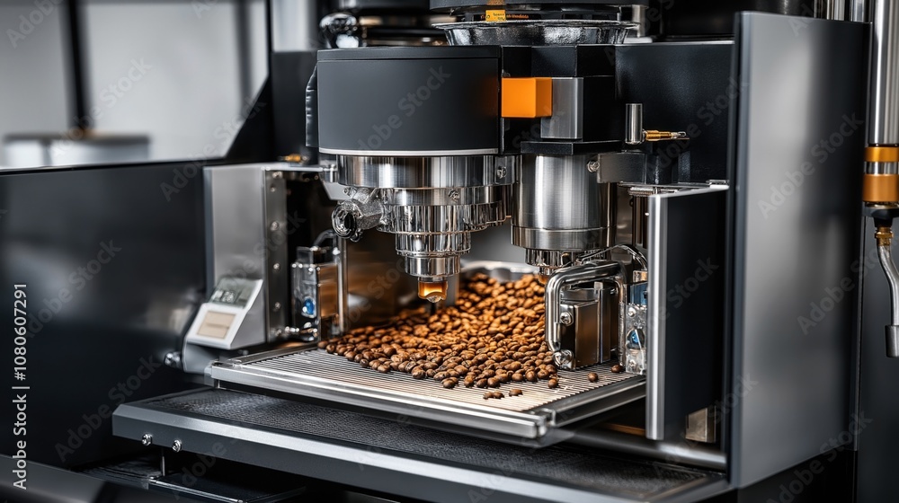 Modern industrial coffee roasting machine with freshly roasted coffee beans on tray. Advanced automated equipment used in professional coffee roasting businesses. Modern industrial coffee roasting machine with freshly roasted coffee beans on tray. Advanced automated equipment used in professional coffee roasting businesses.