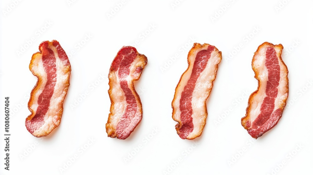 Crispy strips of cooked bacon arranged on a white background, showcasing the delicious texture and color of this popular breakfast meat. Crispy strips of cooked bacon arranged on a white background, showcasing the delicious texture and color of this popular breakfast meat.