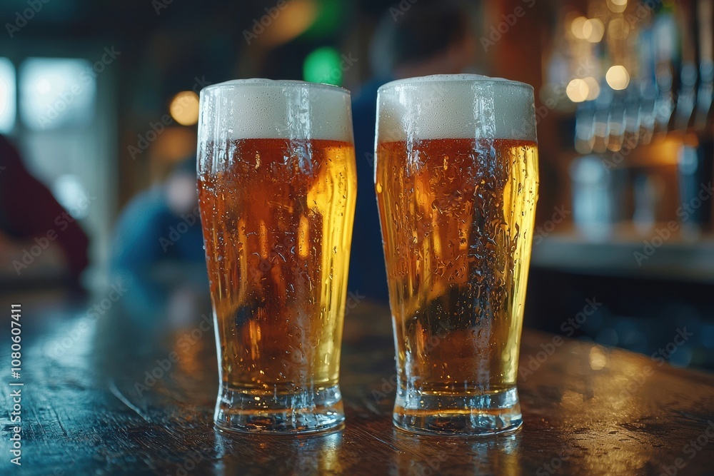 Two frosty glasses of golden beer on a wooden bar, showcasing refreshing bubbles and a cozy atmosphere perfect for social gatherings. Two frosty glasses of golden beer on a wooden bar, showcasing refreshing bubbles and a cozy atmosphere perfect for social gatherings.