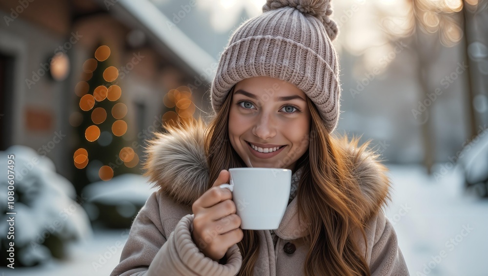 Beautiful woman in hat and winter jacket is drinking hot herbal tea or coffee in courtyard of house. Charming young woman in winter at the cottage. Cocoa outdoors during the Christmas holidays Beautiful woman in hat and winter jacket is drinking hot herbal tea or coffee in courtyard of house. Charming young woman in winter at the cottage. Cocoa outdoors during the Christmas holidays