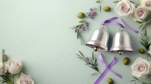 Classic silver wedding bells surrounded by roses and greenery