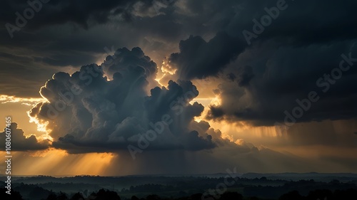 Golden light beams piercing through dark misty clouds, casting a spellbinding aura

