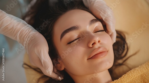 Young woman getting facial massage on couch in spa salon, woman laying eyes closed