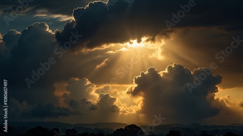 Golden light beams piercing through dark misty clouds, casting a spellbinding aura


