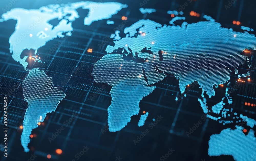 Stylish digital world map representing global connectivity and networking concepts in a futuristic design with glowing elements. Stylish digital world map representing global connectivity and networking concepts in a futuristic design with glowing elements.