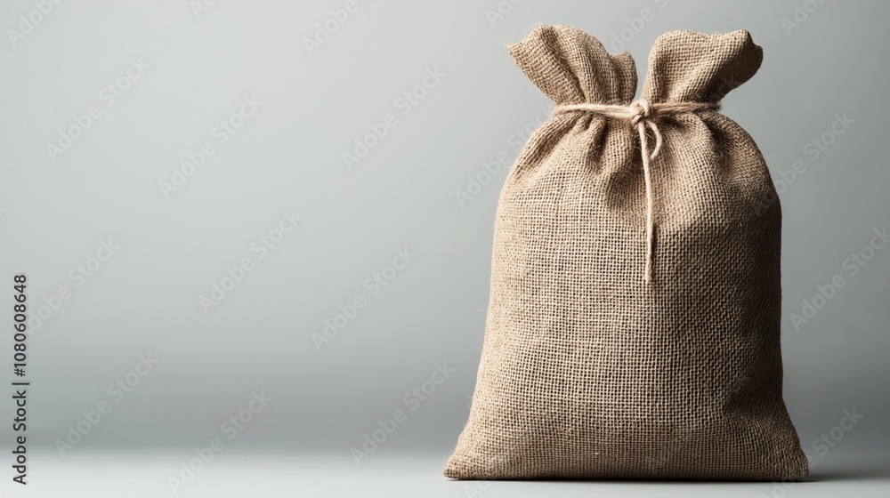 Burlap sack with drawstring closure placed on a plain background, showcasing its textured fabric and simple design, ideal for storing grains or other bulk materials. Burlap sack with drawstring closure placed on a plain background, showcasing its textured fabric and simple design, ideal for storing grains or other bulk materials.