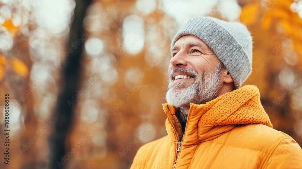 A joyful older man in a bright orange jacket smiles under an autumn canopy, surrounded by vibrant fall colors and a serene atmosphere. A joyful older man in a bright orange jacket smiles under an autumn canopy, surrounded by vibrant fall colors and a serene atmosphere.