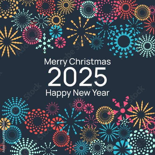 Colorful flakes 2025 Happy New Year. Bright flakes on dark background, with text. Flat style vector illustration. Creative design for greetings card, flyers, invitation, posters, brochure, banners