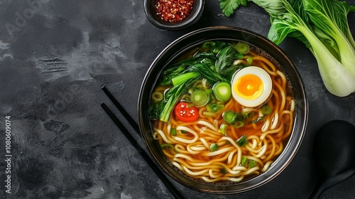 Asian Wok noodles udon or Ramen noodles miso soup in bowl on grey stone background