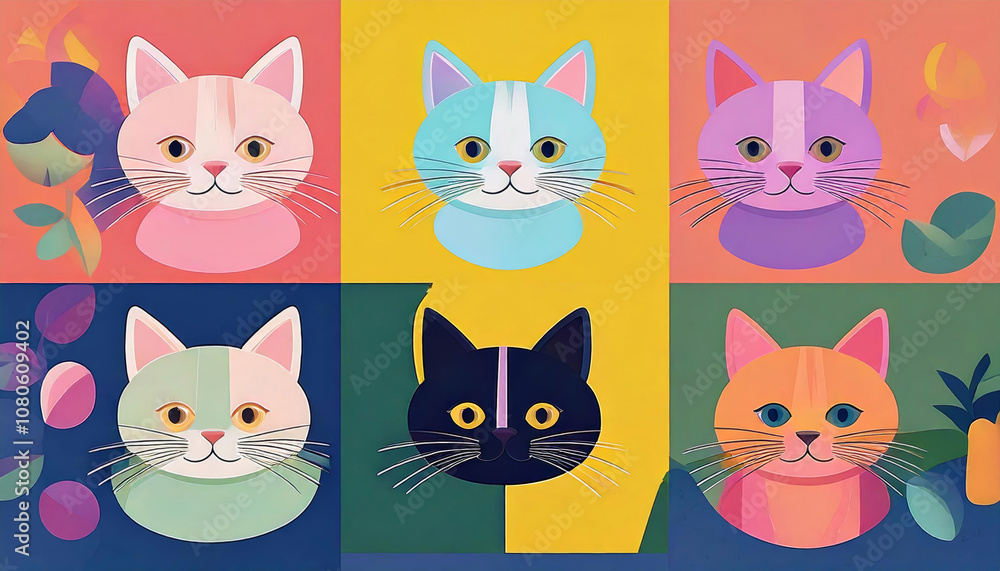 A collection of colorful cats in a painting style. A collection of colorful cats in a painting style.