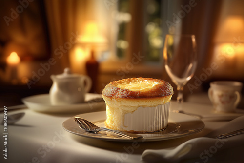 A perfectly risen lemon soufflé, zesty aroma, golden crust, creamy center, fluffy texture, soft diffused lighting, in an elegant dining room setting