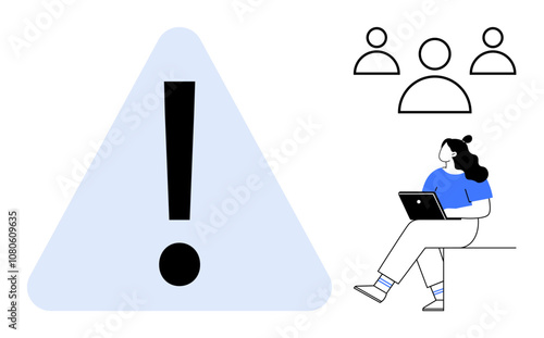 Large exclamation mark inside triangle, woman sitting with laptop, group of three outlined avatars. Ideal for teamwork, alerts, project management, communication, remote work, collaboration, warning