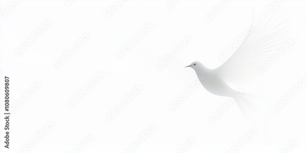 Fototapeta premium Elegant white dove gracefully flying against a pure white backdrop, embodying peace and tranquility in a minimalist style.