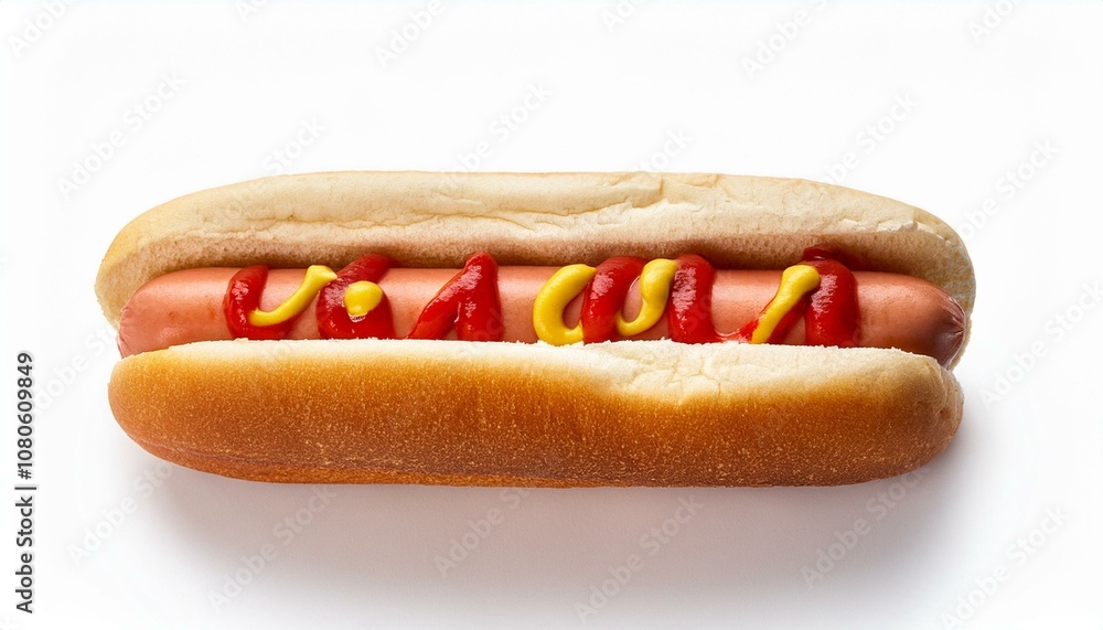ケチャップとマスタードをかけたホットドッグ(Hot dog with ketchup and mustard on white background.)
ケチャップとマスタードをかけたホットドッグ(Hot dog with ketchup and mustard on white background.)