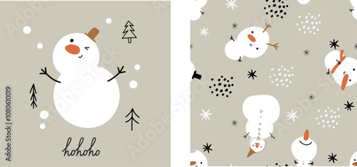 Cute snowman christmas seamless pattern scandinavian boho style with cute character cartoon nursery toddler style. Fabric wallpaper background