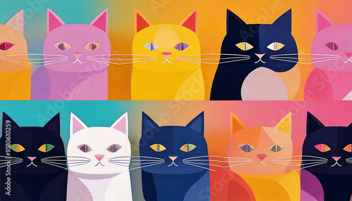 A collection of colorful cats in a painting style.