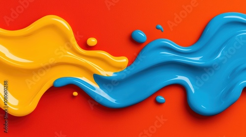 Vibrant colors flow together in artistic harmony, showcasing a dynamic blend of yellow and blue paint against a bold orange background.