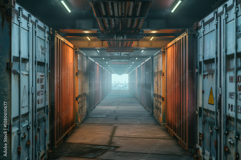 A long and narrow hallway with walls from old shipping containers. The hallway was empty and dimly lit A long and narrow hallway with walls from old shipping containers. The hallway was empty and dimly lit