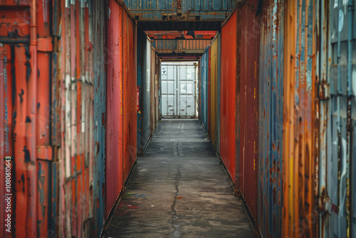 A long and narrow hallway with walls from old shipping containers. The hallway was empty and dimly lit