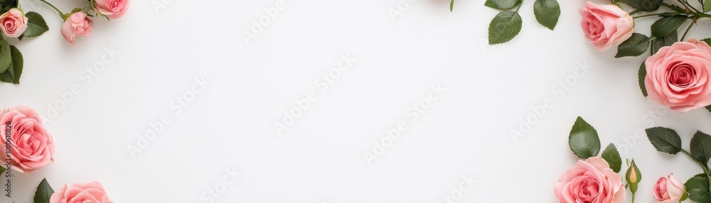A beautiful arrangement of pink roses and green leaves on a clean white background, perfect for romantic themes, invitations, or floral designs. A beautiful arrangement of pink roses and green leaves on a clean white background, perfect for romantic themes, invitations, or floral designs.
