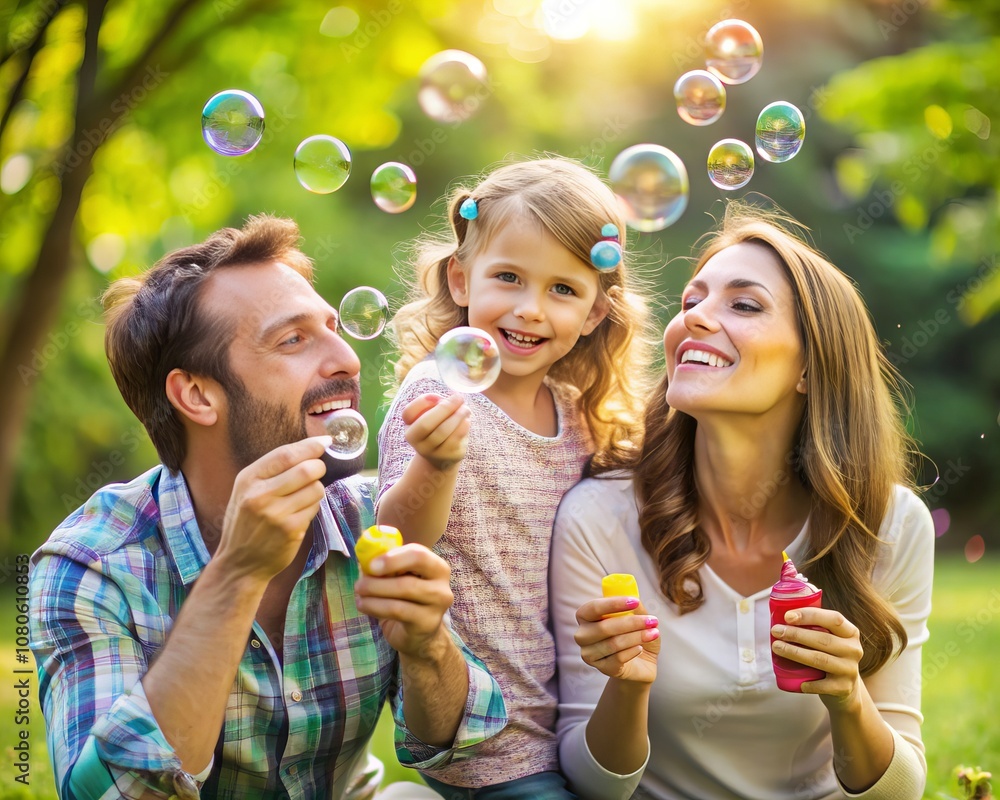 Happy Family Blowing Bubbles Outdoors, Parents and Child Enjoying Summer Playtime in Nature, Fun Family Bonding Activity, Cheerful Moments in Park or Backyard Happy Family Blowing Bubbles Outdoors, Parents and Child Enjoying Summer Playtime in Nature, Fun Family Bonding Activity, Cheerful Moments in Park or Backyard