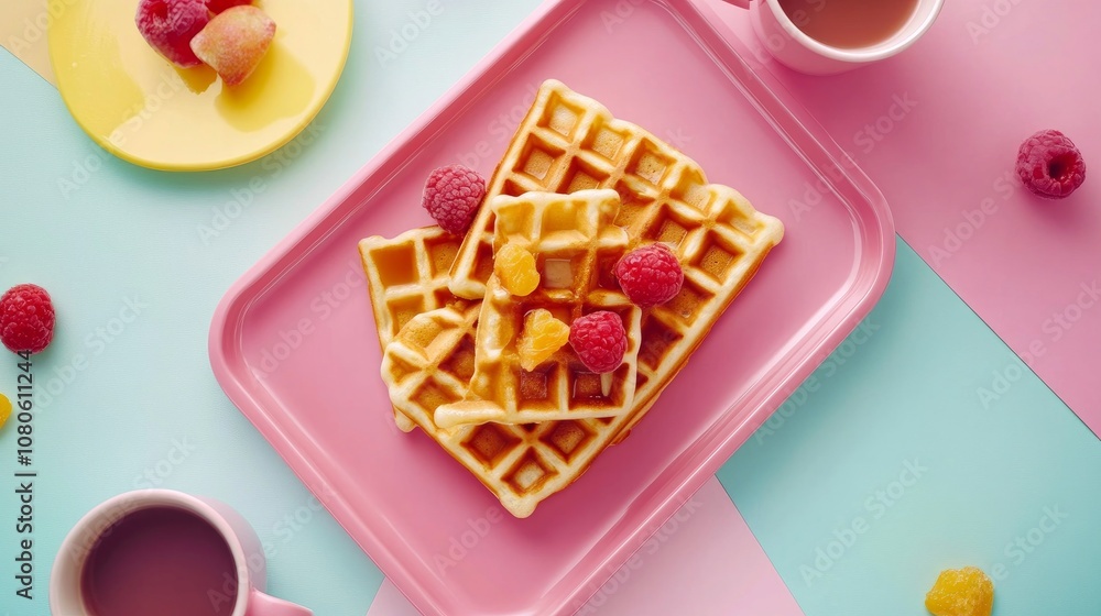 From above, you can see delectable sweet waffles on a pink platter with hot milk and fruit sauce on a vibrant table backdrop. From above, you can see delectable sweet waffles on a pink platter with hot milk and fruit sauce on a vibrant table backdrop.