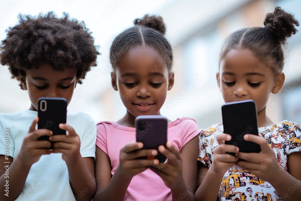 Drei schwarze Kinder mit ihren Smartphones Drei schwarze Kinder mit ihren Smartphones