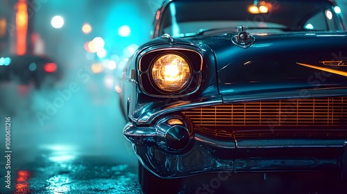 Close-up of a classic car's headlight in a city at night, with a blurred background of lights and fog. photo