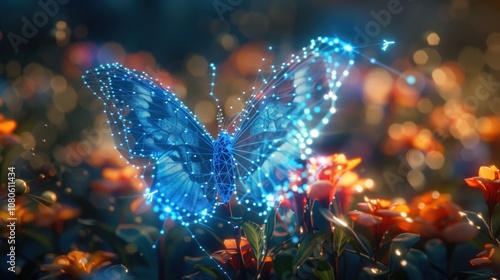 A digital blue butterfly with glowing wings flies over a field of orange flowers.