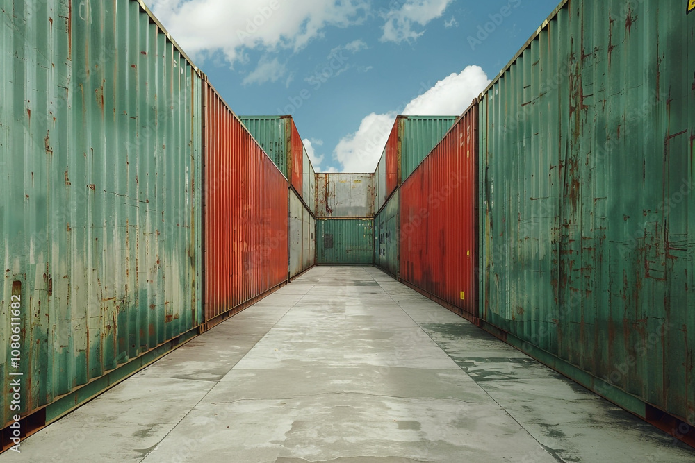 Fototapeta premium A long and narrow hallway with walls from old shipping containers. The hallway was empty and dimly lit