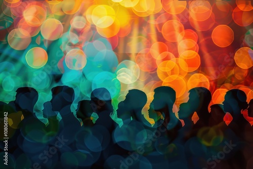 Blurred background of a Christmas choir singing with festive lights and decorations